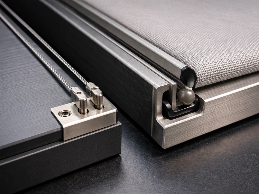 Closeup of cable-guided and zip-track window hardware with tensioned stainless cables and track channel