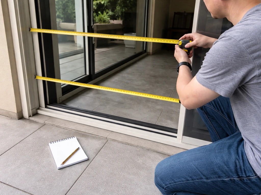 Person measuring a patio opening with a tape measure, checking width and height at multiple points.