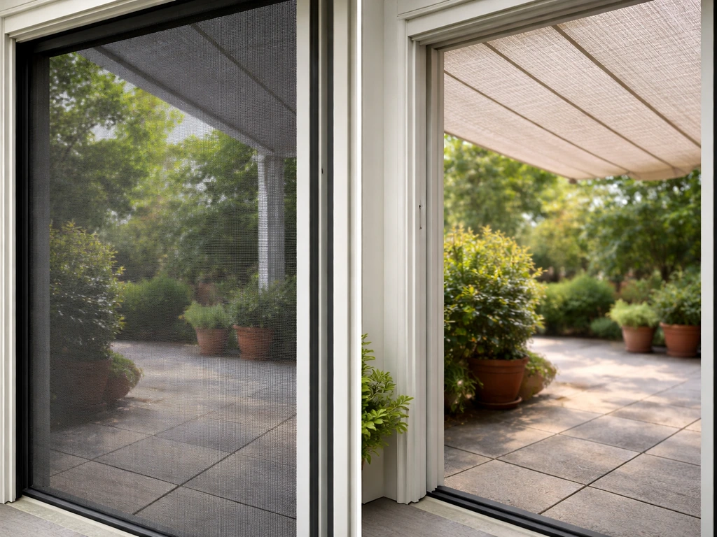 Split-view photo showing tight bug-screen mesh on one patio edge and solar fabric shade on the other.