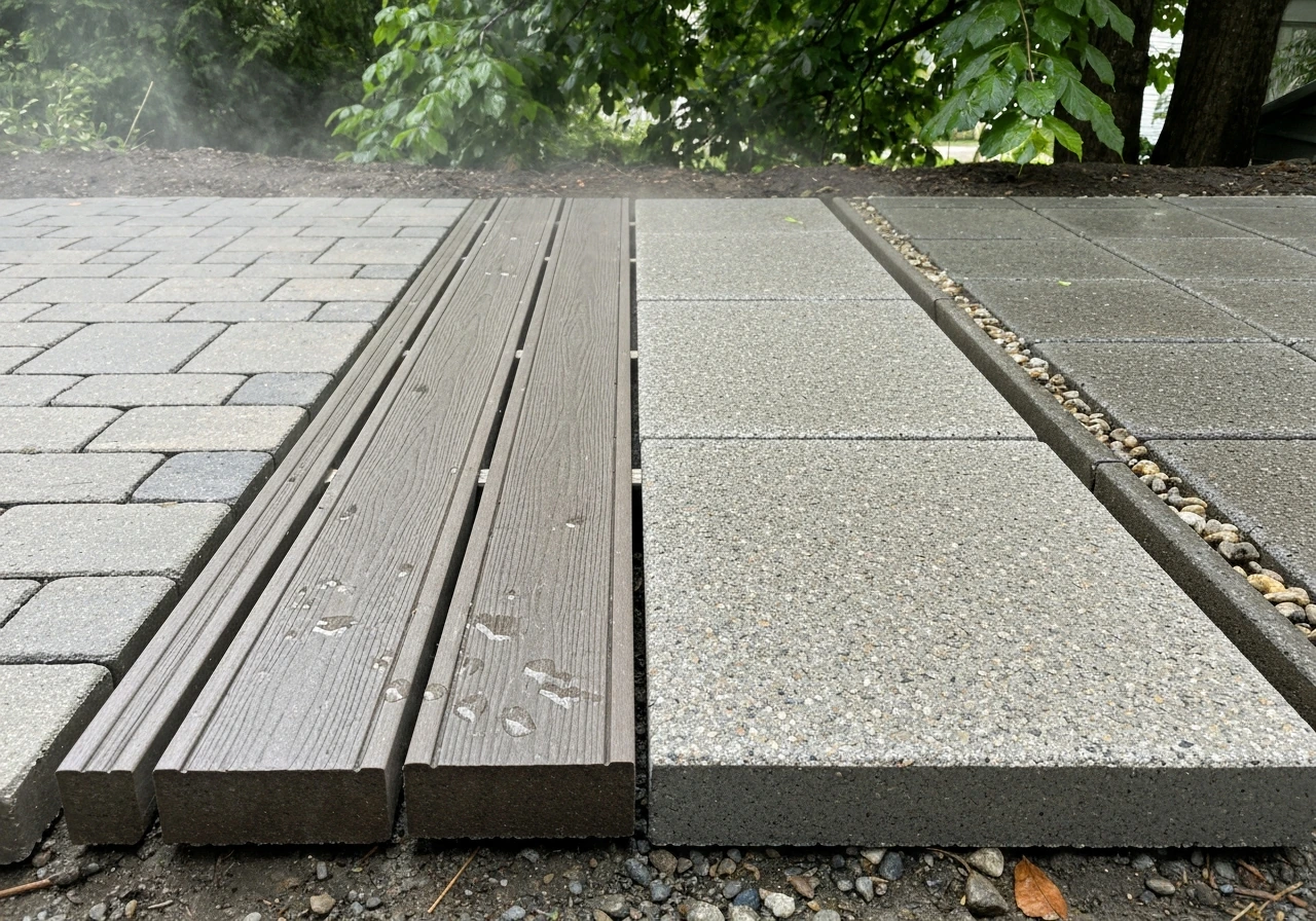 Minimal side-by-side photo of patio surfaces showing pavers, composite decking, concrete pavers, and gravel infill.