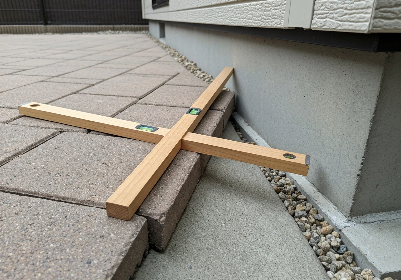 Ground-level patio edge beside a house foundation with a straightedge showing proper drainage slope.