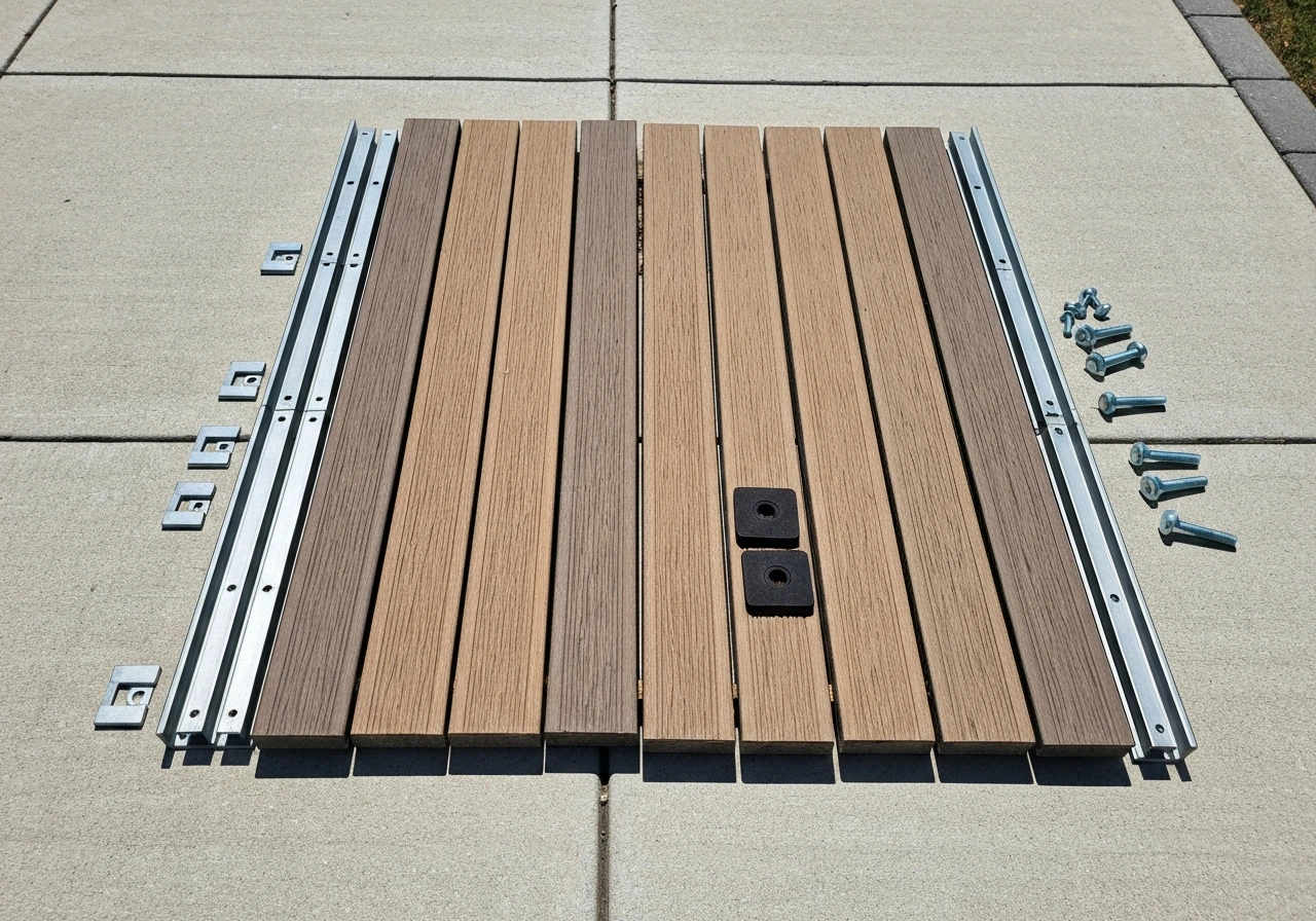 Flat-lay of modular patio kit parts: deck boards, edge restraints, leveling shims, hardware, and base pads.