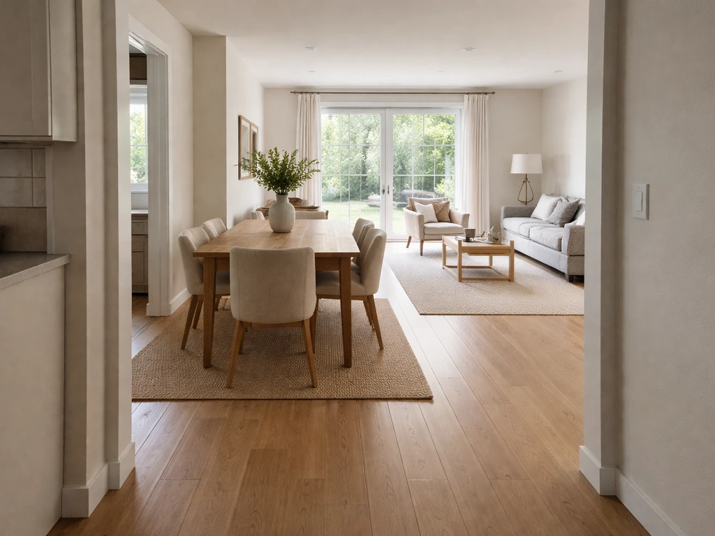 Bright home interior with clear walkway from kitchen to dining and lounge, chairs spaced for easy movement