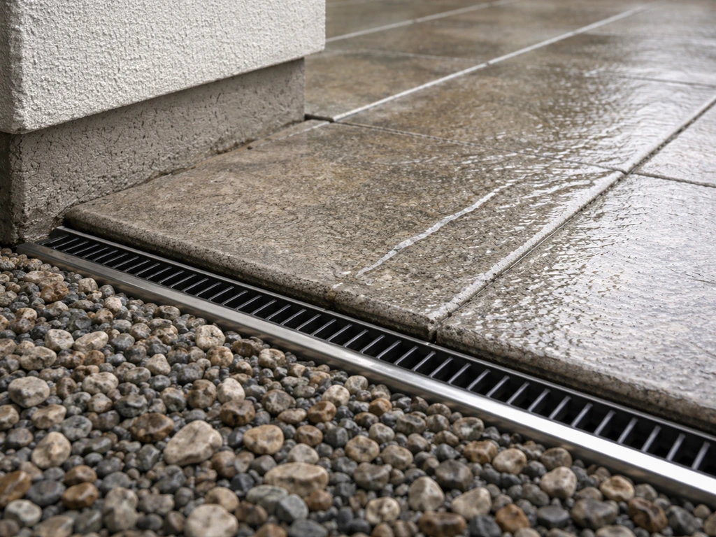 Close-up of patio slope and edge drain with gravel bed, showing water flowing away from a house foundation