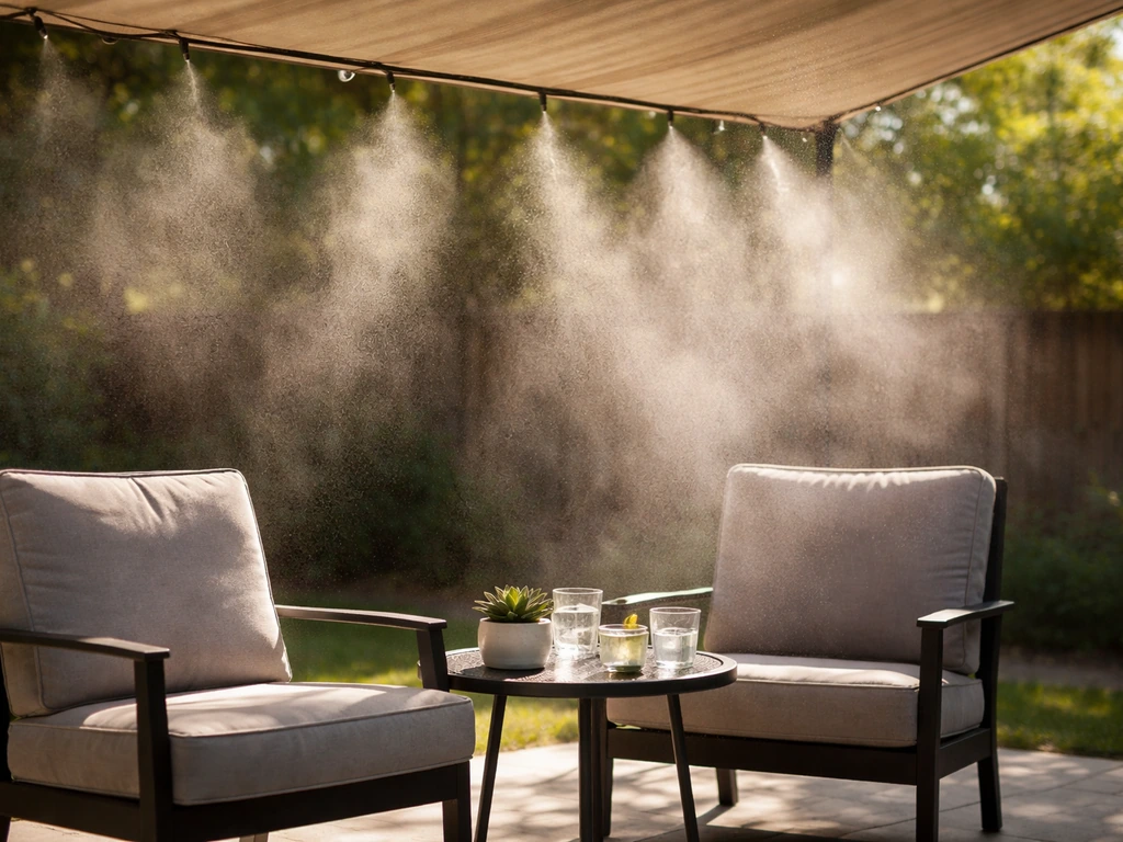 Outdoor patio seating under shade with a visible misting line and fine water droplets cooling the air