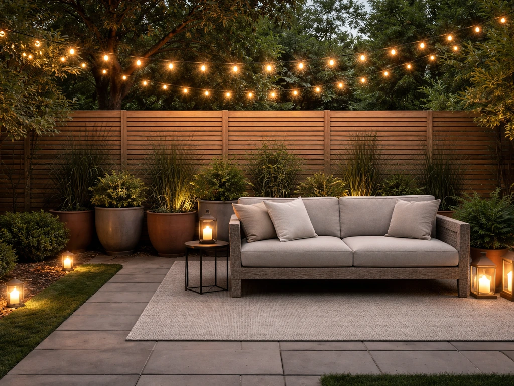 Dusk patio with warm layered string and path lights, framed by a line of planters for privacy.