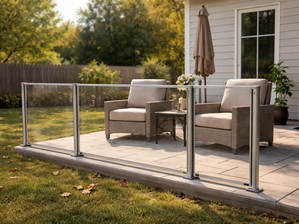 Back patio with a clear installed wind-blocker panel, showing reduced breeze and usable outdoor space.