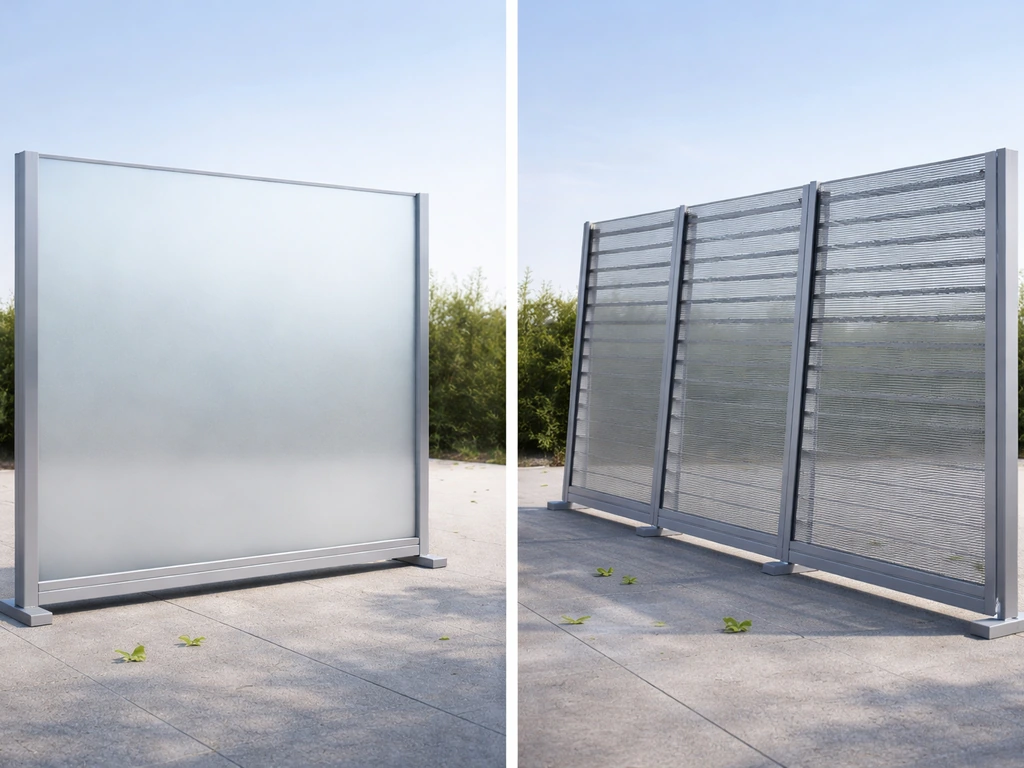 Side-by-side photo of a solid wind panel and a slatted semi-open wind screen outdoors.