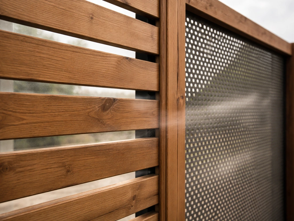 Close-up of a semi-open wind blocker showing slatted wood and airflow through partial gaps.