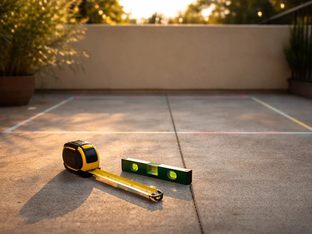 Tape measure and level on a patio with subtle chalk lines marking a wind-blocker coverage area.