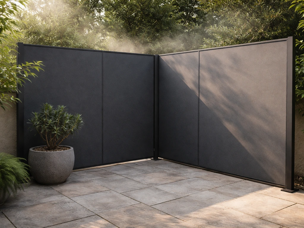 Patio corner with an L-shaped wind-blocker made of two angled panels creating sheltered area behind.