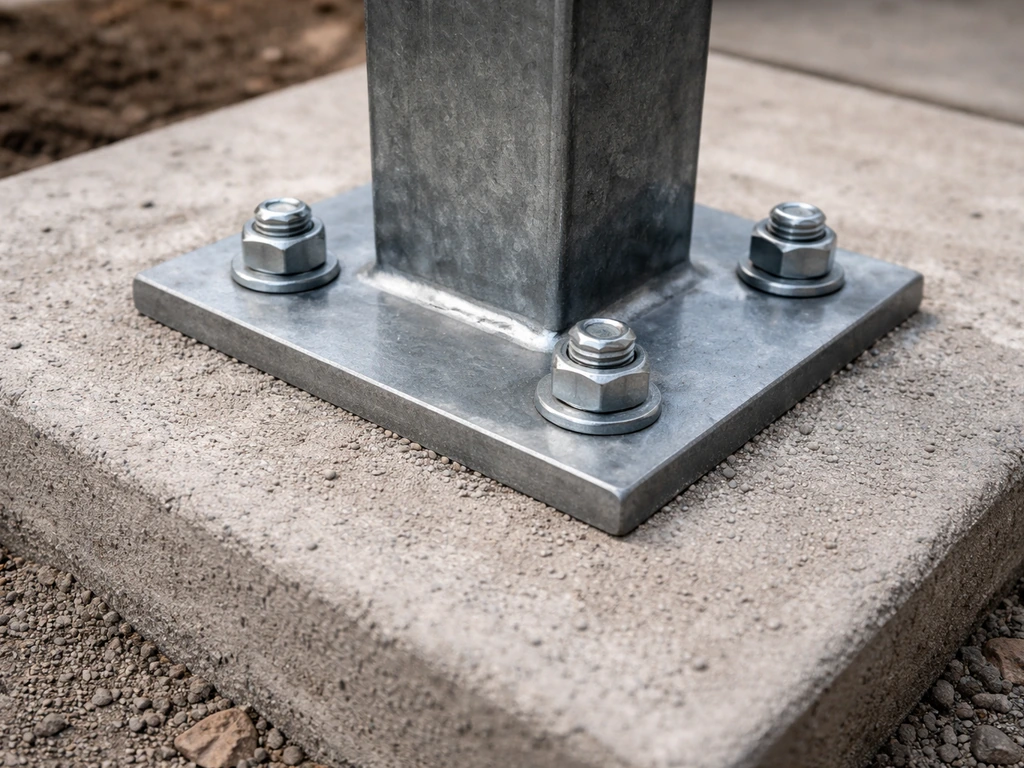 Close-up of a steel post base secured with wedge anchors in concrete for wind blocker anchoring.