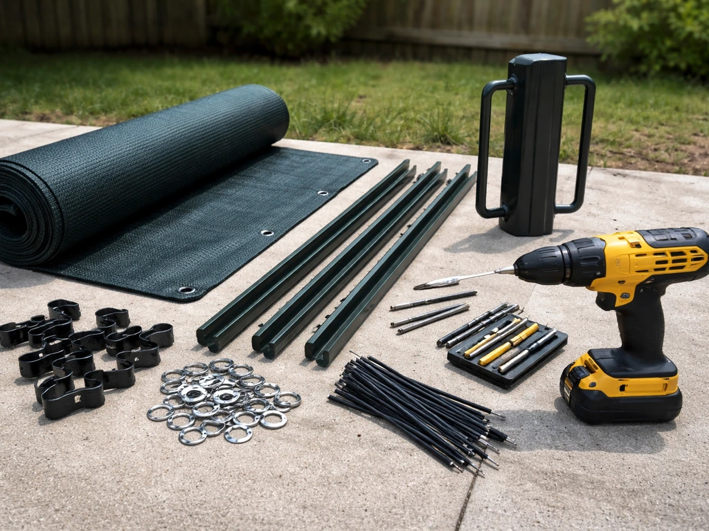 DIY wind screen installation parts and tools laid out outdoors, including T-posts, drill, grommets, and zip ties.