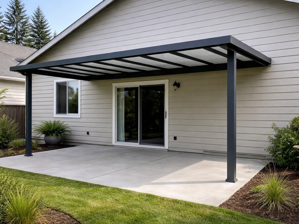Finished hard top patio cover with sloped panels attached to a home, visible posts and ledger.