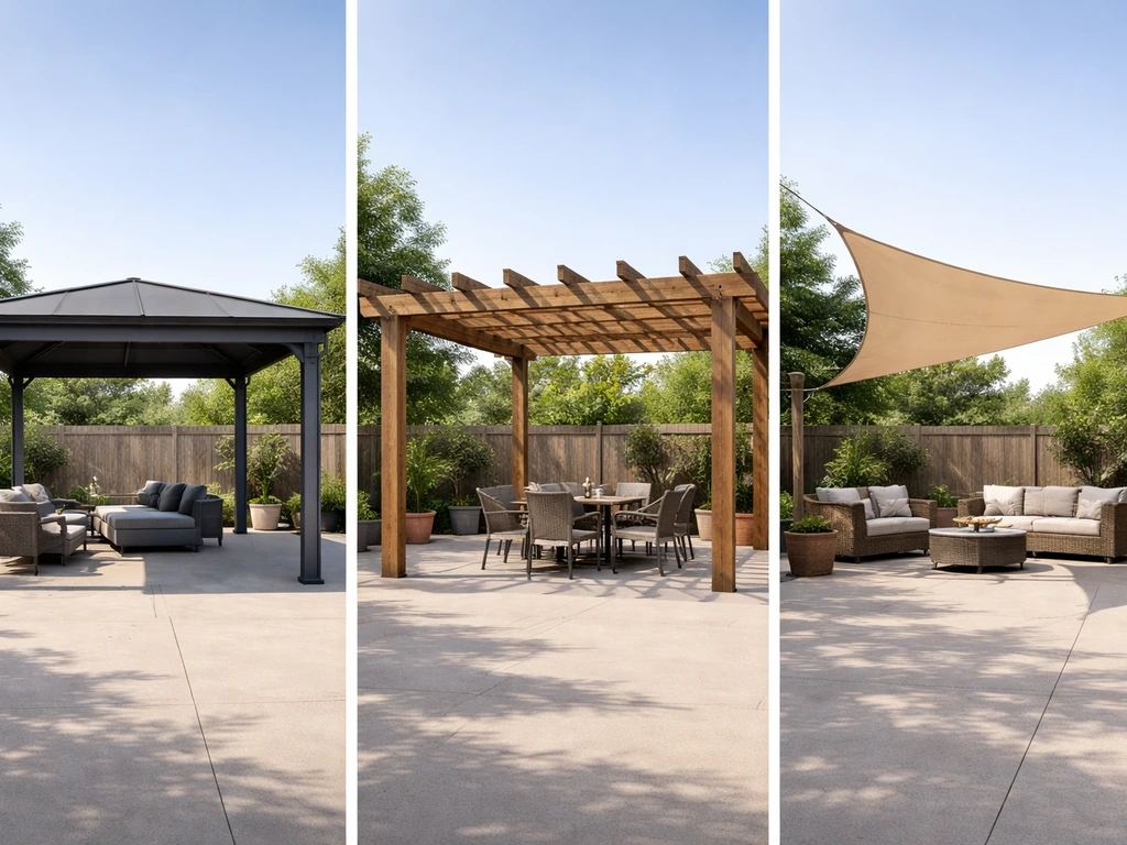 Three patio shade types side-by-side: hard-top cover, open pergola, and tensioned shade sail.