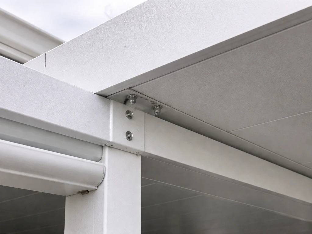 Close-up of powder-coated aluminum patio cover with panel-to-beam joints and a drainage line