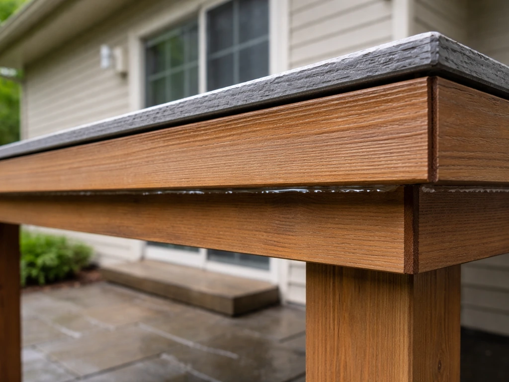 Wood-and-composite patio cover with visible trim seams and slight wet sheen suggesting resealing.