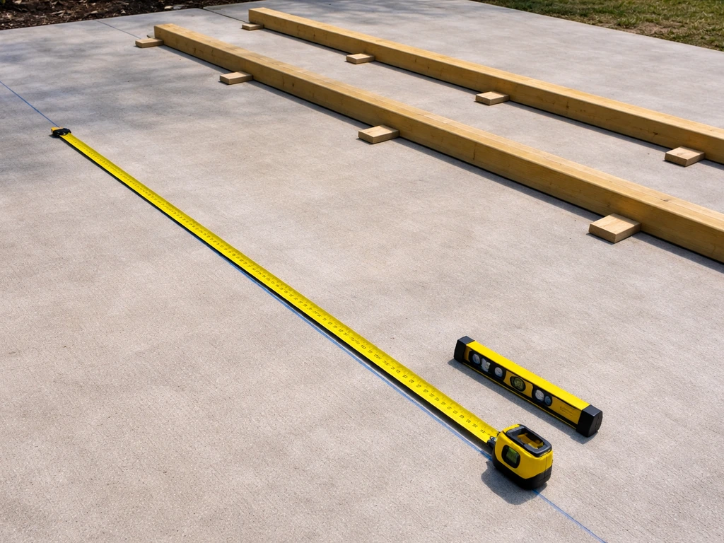 Tape measure and level on a patio slab with wooden beams/purlins laid out for spacing and clearance.