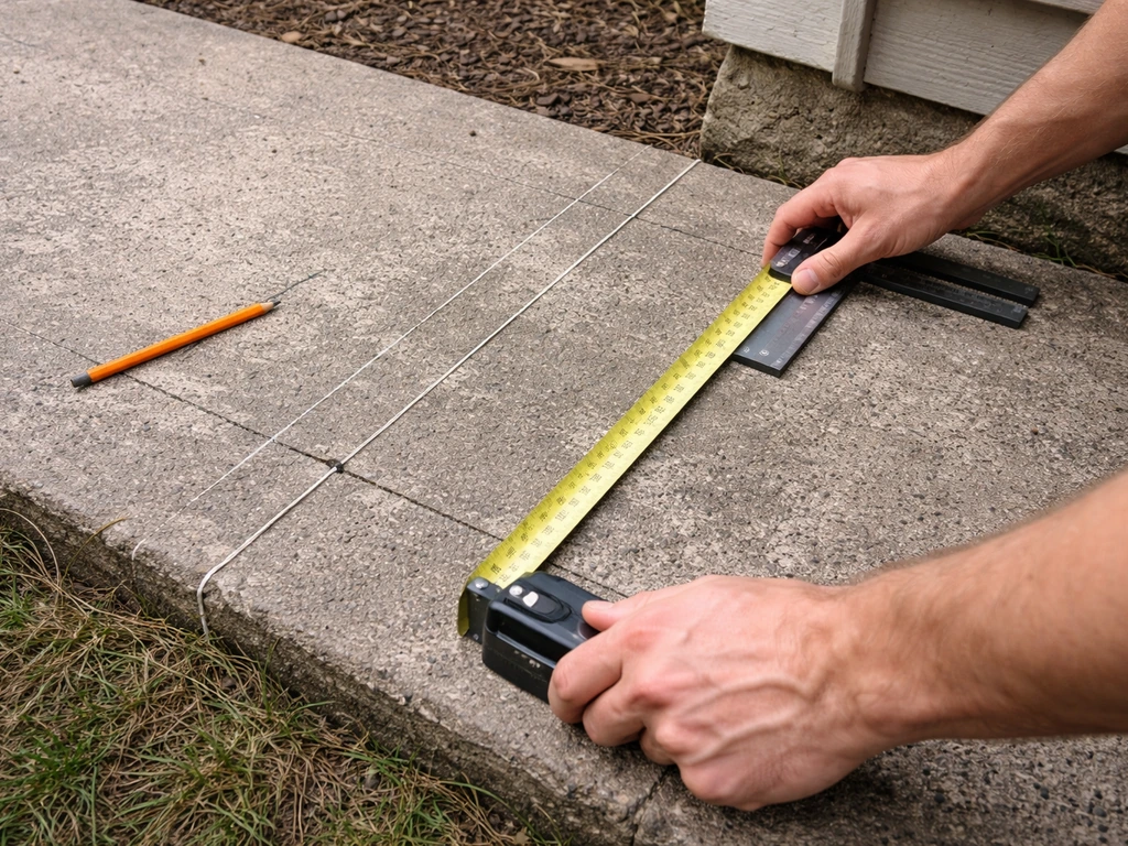Hands measure a patio deck with a tape measure and square, with pencil markings for mounting points.