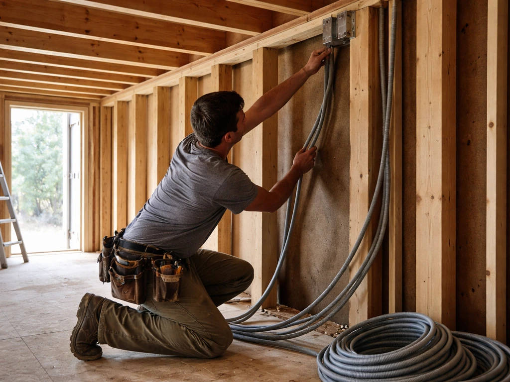 Electrician routing electrical conduit through ceiling joists and posts during pre-install wiring work.