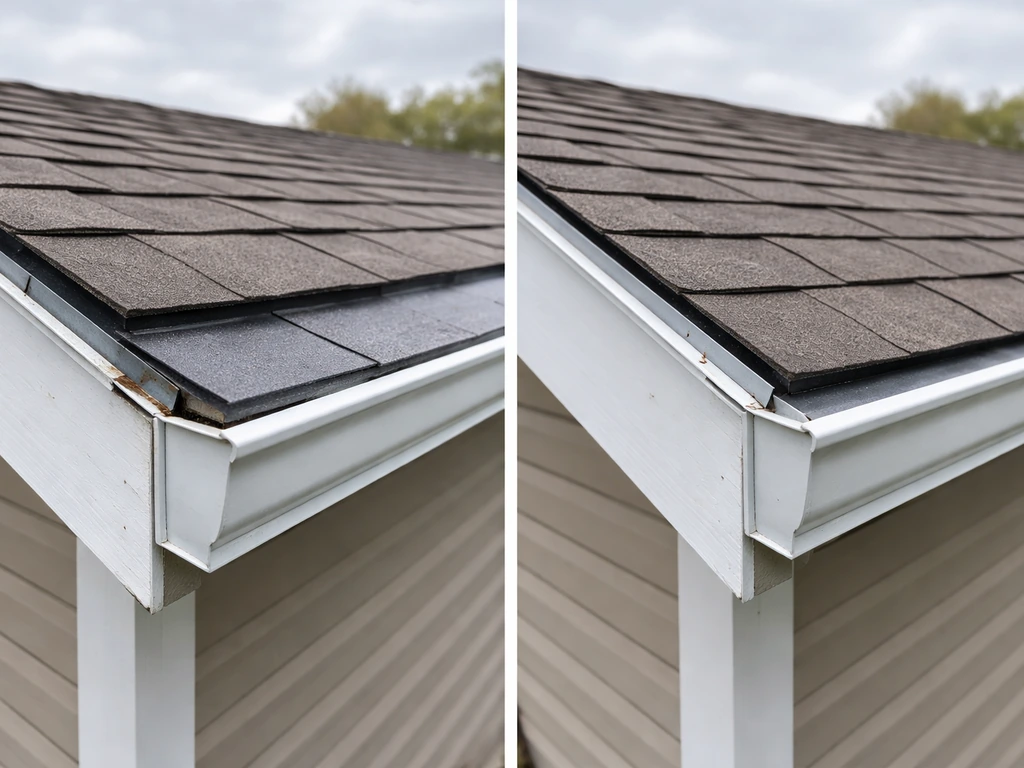 Home exterior installation comparison: mis-sized flat panel vs correctly sloped, properly flashed cover on a roof edge.