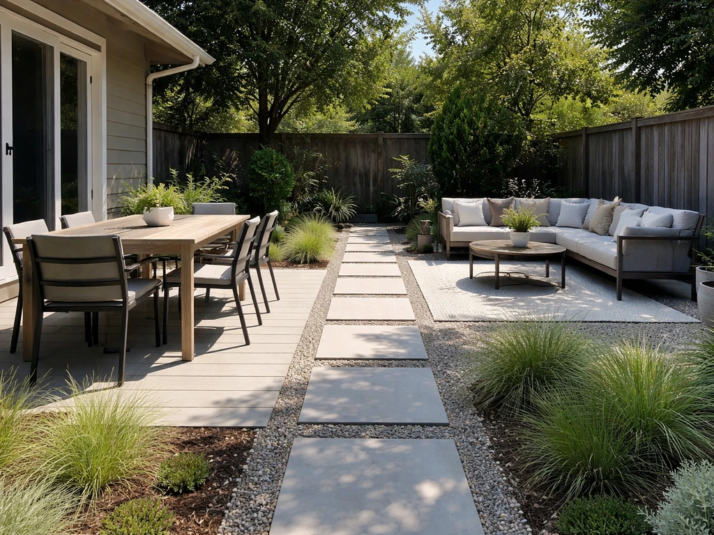 Backyard patio with separate dining, lounge seating, and a clear walkway connecting the zones.