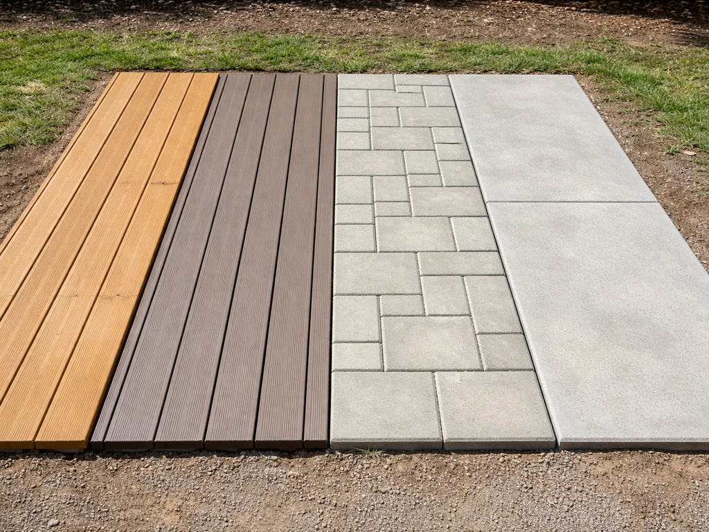 Outdoor patio surface comparison showing wood, composite decking, pavers, and concrete in separate strips.