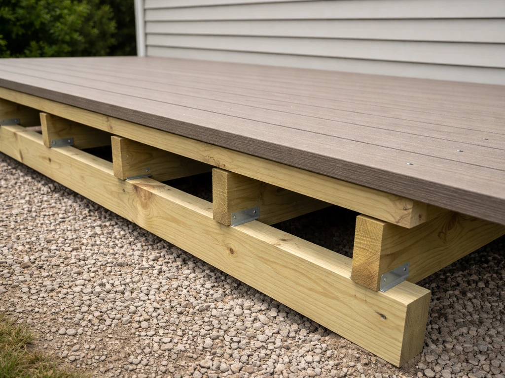 Composite decking boards installed over pressure-treated framing on a raised deck foundation
