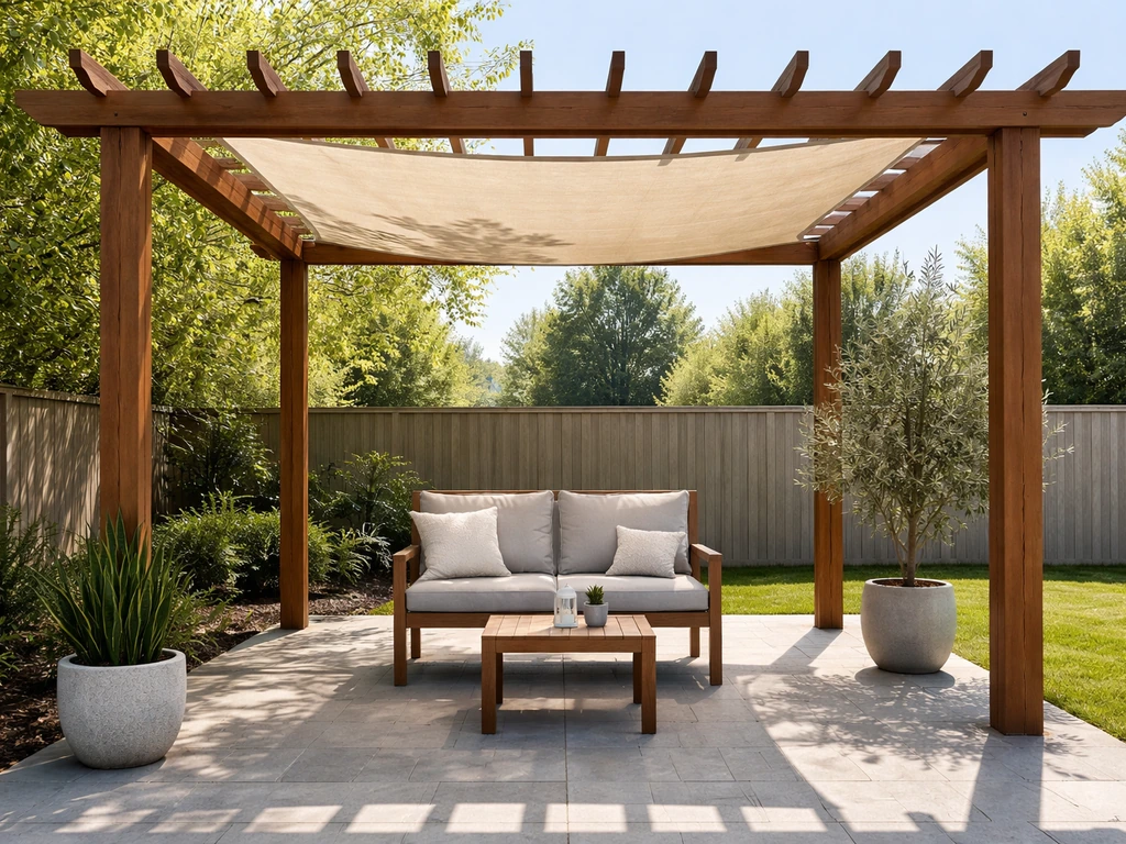 Pergola over a patio with a mounted shade sail providing cool coverage over outdoor seating.