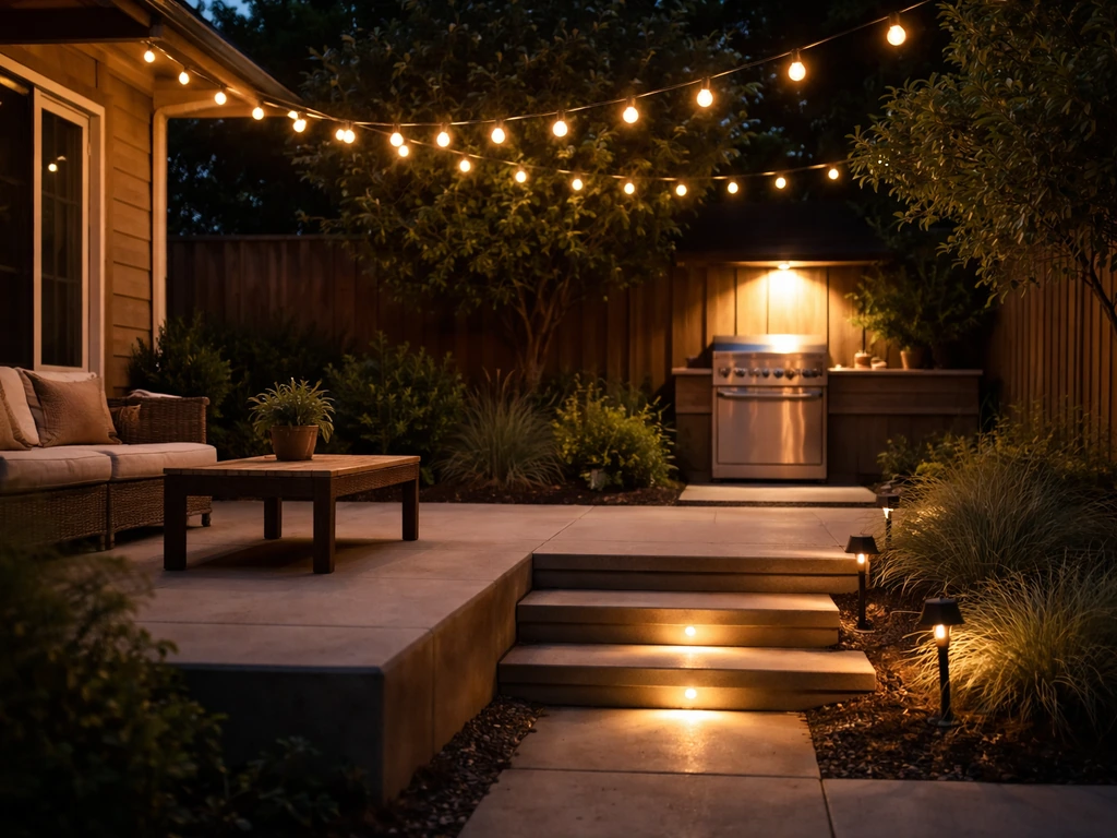 Minimal backyard patio at dusk showing layered outdoor lighting: string lights, grill-side task light, and step path acc