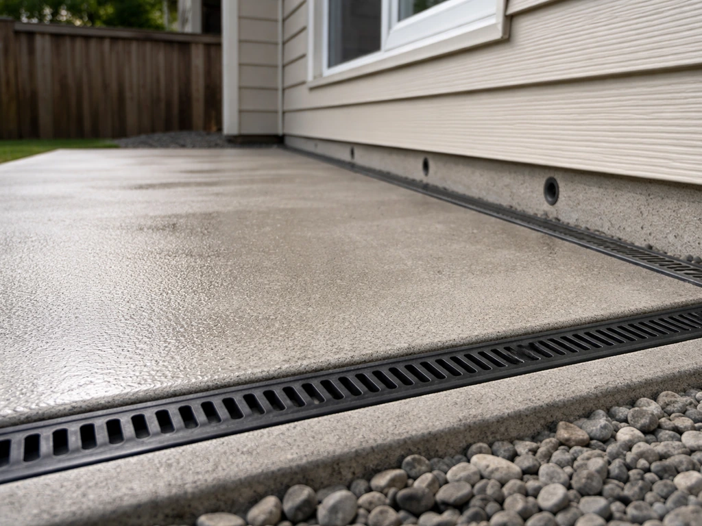 Sloped patio draining away from a house with a visible edge drain and weep details.