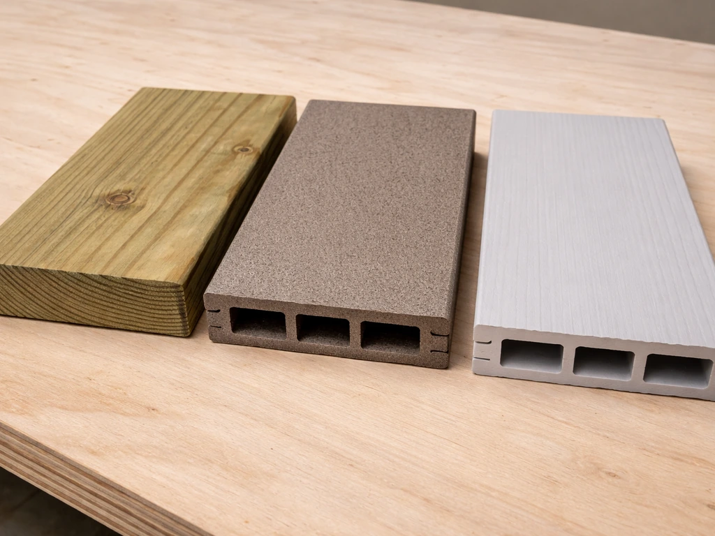 Closeup of pressure-treated wood, composite, and PVC deck board samples showing texture and edge profiles.