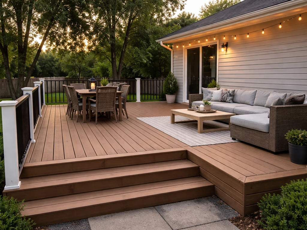 Open attached wooden deck with steps, landing, and dining/lounge seating arranged for easy entertaining.