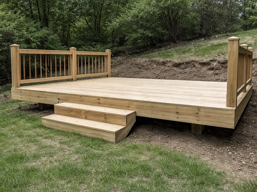 Floating wooden deck raised above uneven yard grade with simple integrated steps and railings.