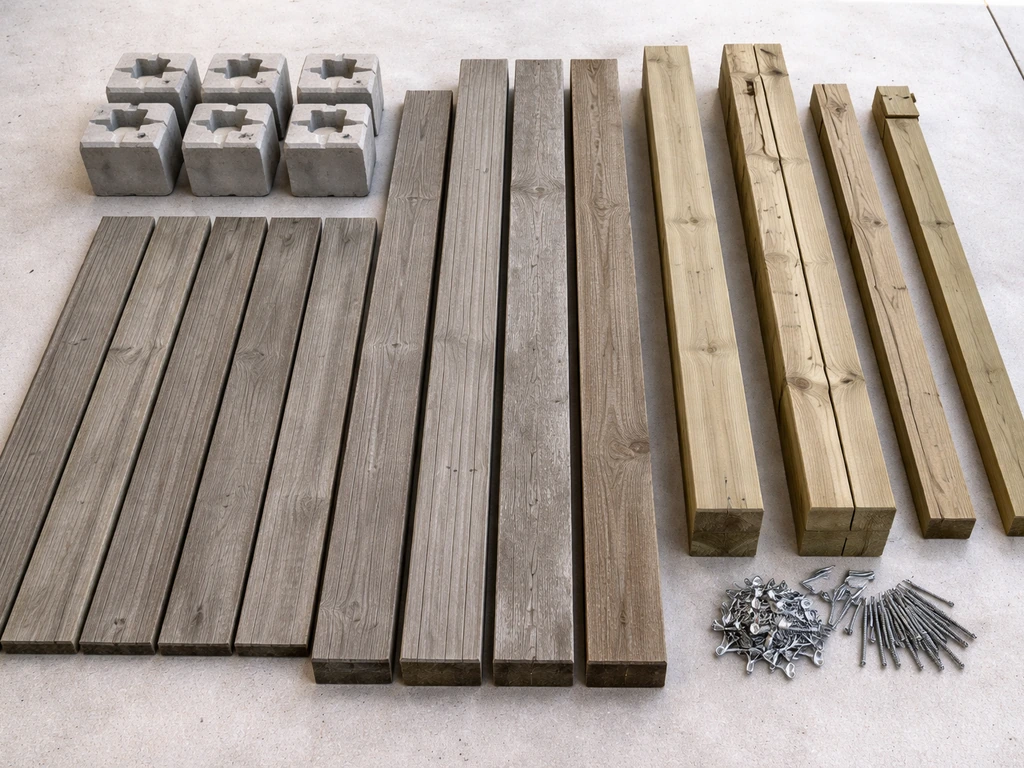 Overhead photo of a minimal deck component layout: boards, joists, footings, fasteners, and rail parts.