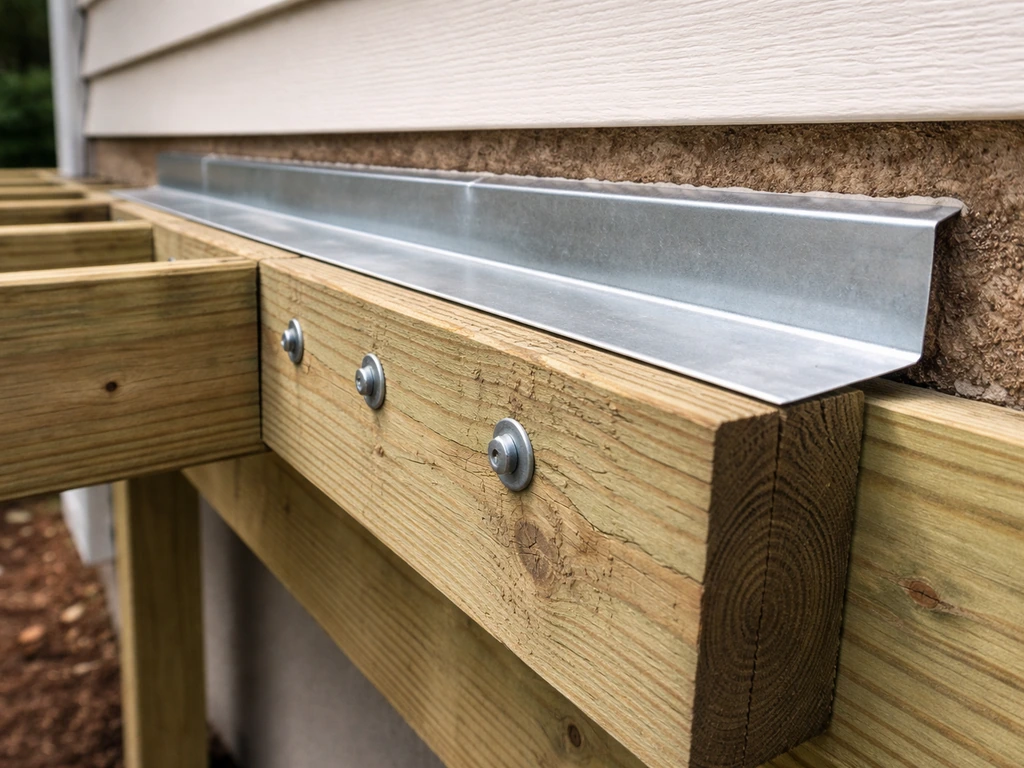Close-up of a deck ledger board attachment with proper flashing, weatherproof sealant, and code-like fasteners.