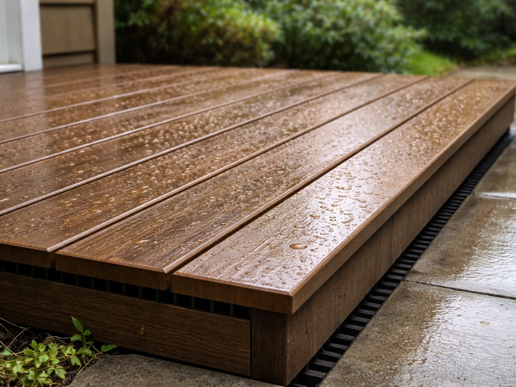 Wet outdoor deck with water-beaded boards and drainage gaps showing moisture-resistant construction details.