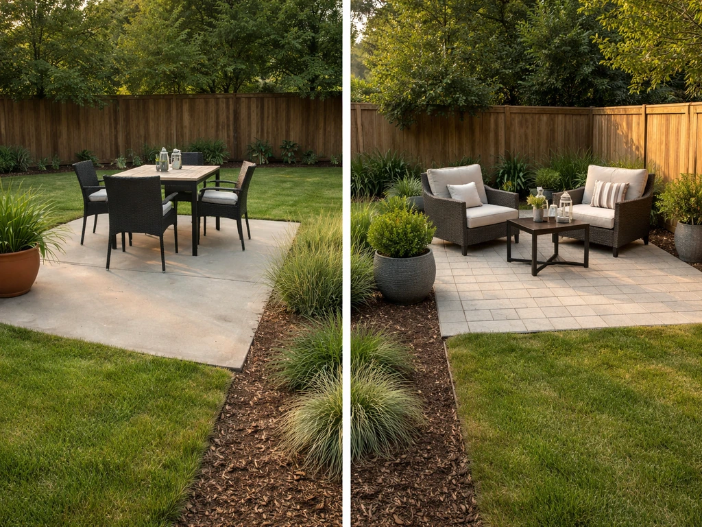 Two simple backyard patio layout examples: rectangular dining area and an L-shaped lounging corner, natural light.