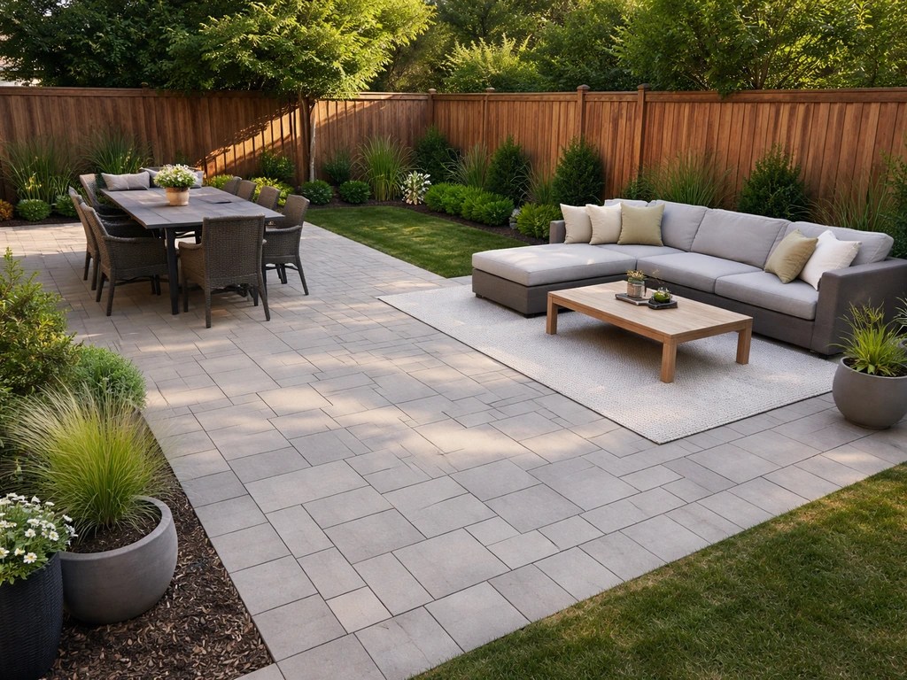 Backyard with an L-shaped wrap-around patio showing separate dining and lounge areas