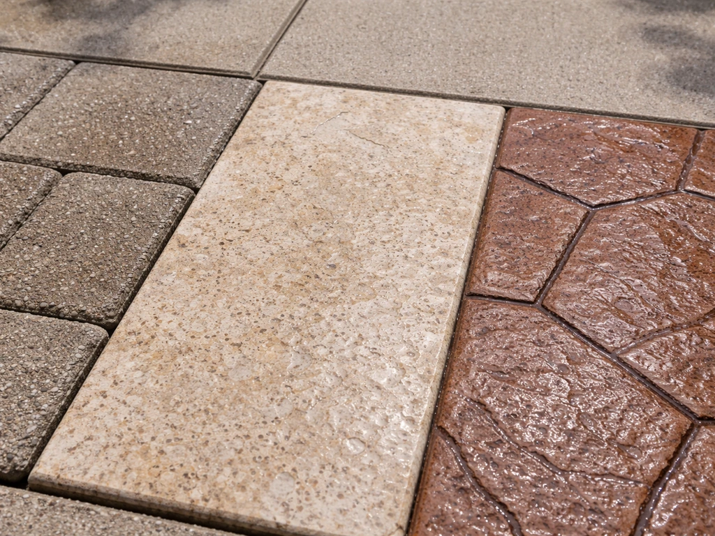 Close-up comparison of concrete pavers, natural stone, and stamped concrete with a light water sheen to show texture