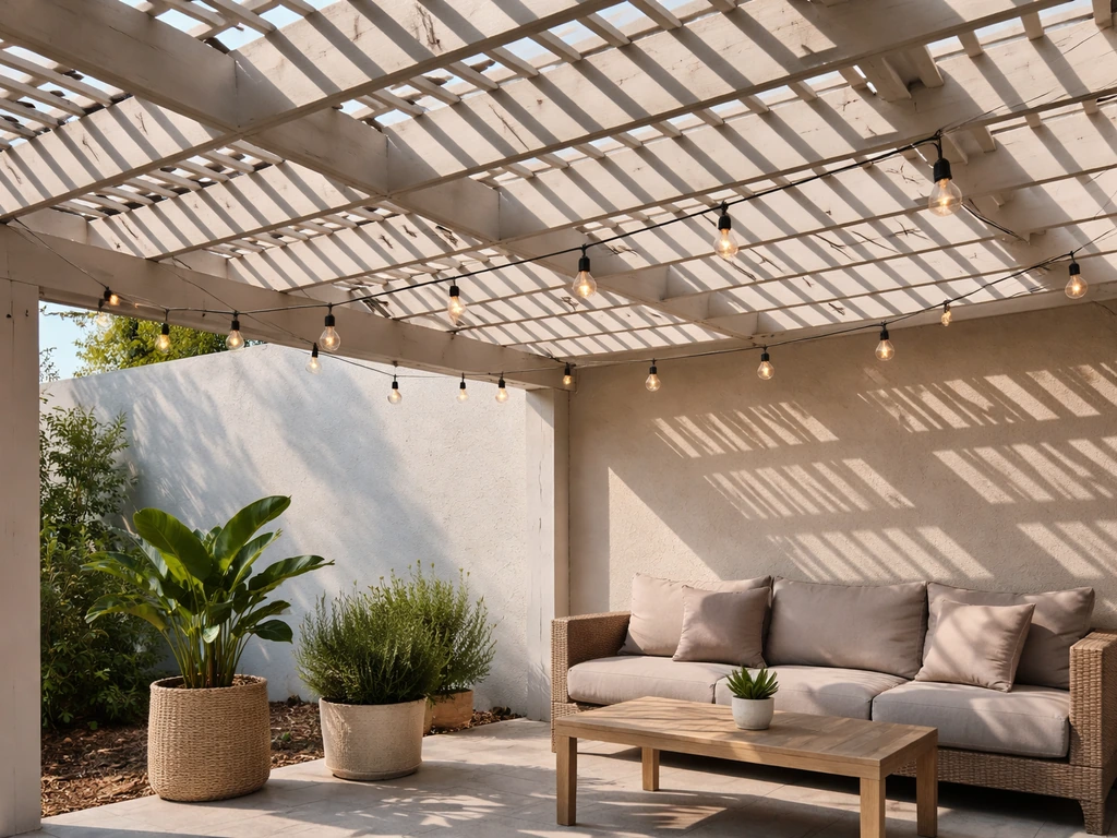 Covered patio pergola with open lattice shade, hanging outdoor lights, and potted plants in soft natural light