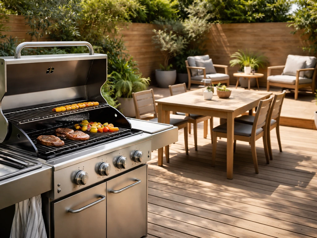 Backyard patio showing a BBQ grill facing a dining table and a small lounge area for entertaining zones.