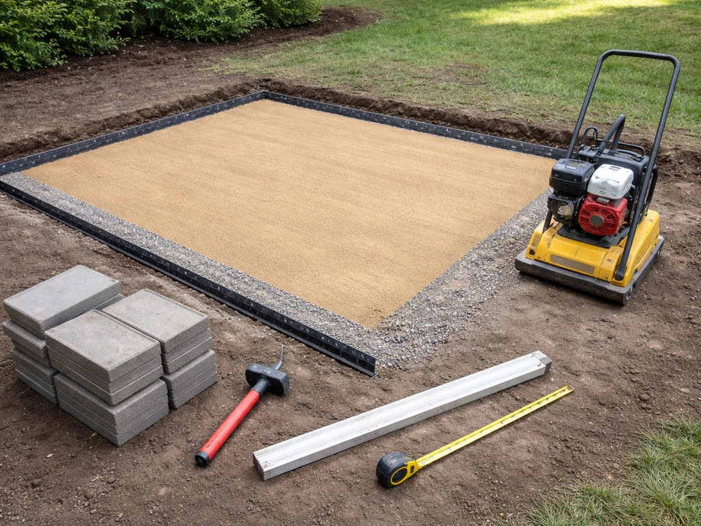 DIY paver patio base setup with pavers, leveling sand, edge restraints, and a plate compactor on flat ground