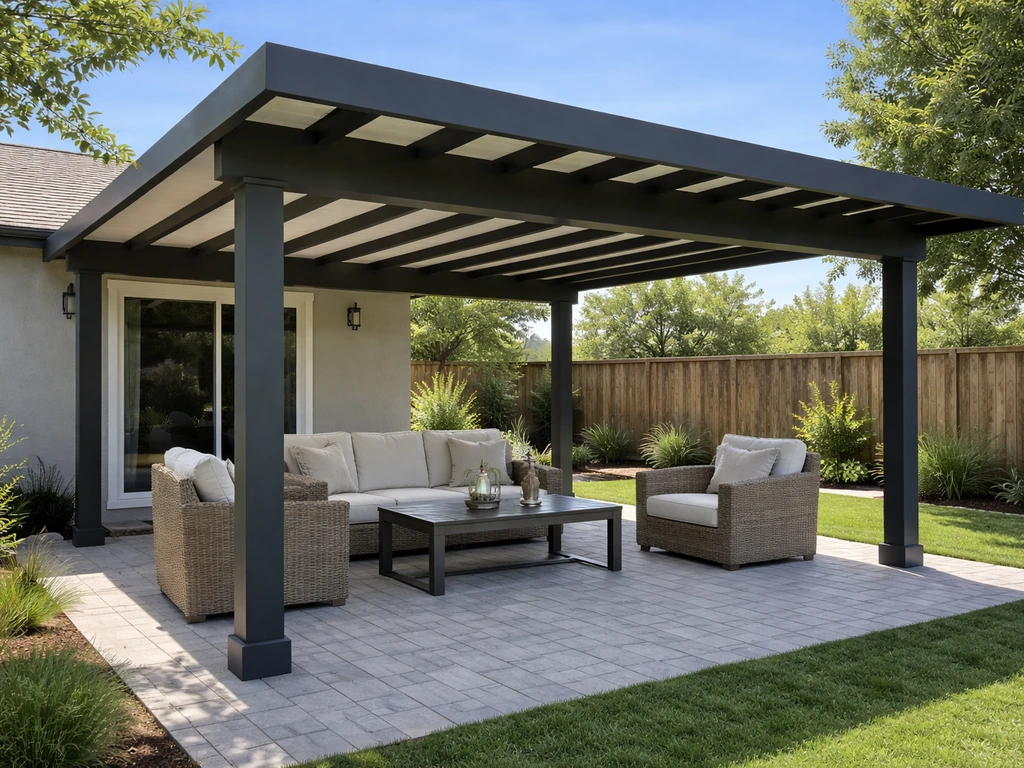 Sheltered patio with a finished patio cover roof and outdoor seating in a quiet backyard setting.