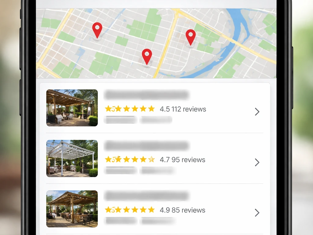 Mock Google Maps-style results showing nearby patio cover contractor markers and star ratings.