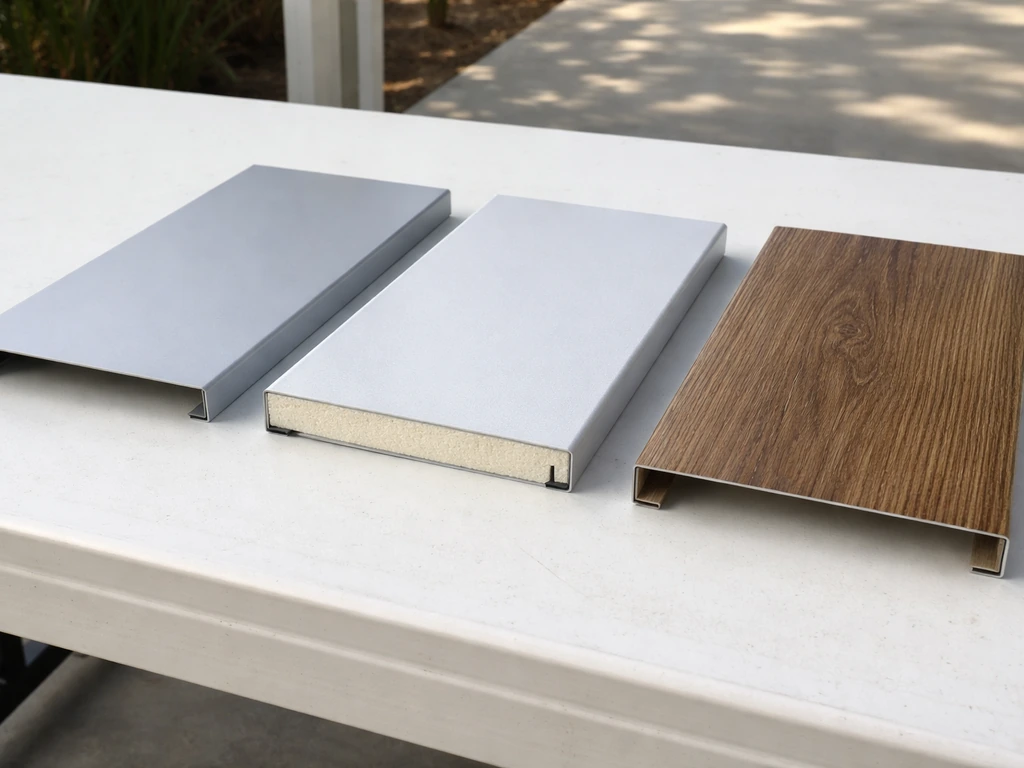 Closeups of three patio cover material samples side-by-side: aluminum solid, insulated panel, and wood-look.