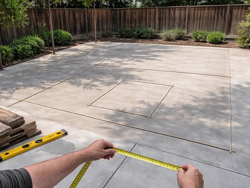 Hands measuring two taped patio cover footprints of different sizes on an outdoor patio