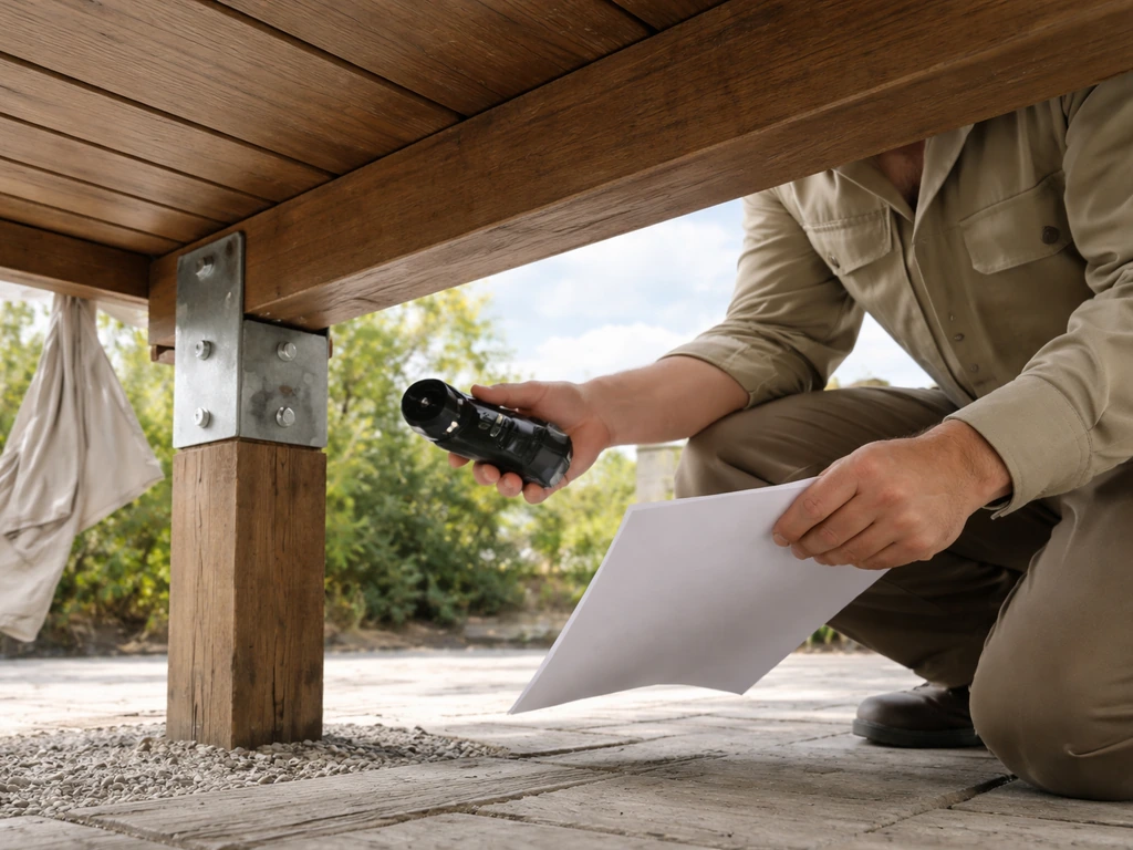 Technician inspects patio cover bracket under an overhang in windy coastal-style conditions.
