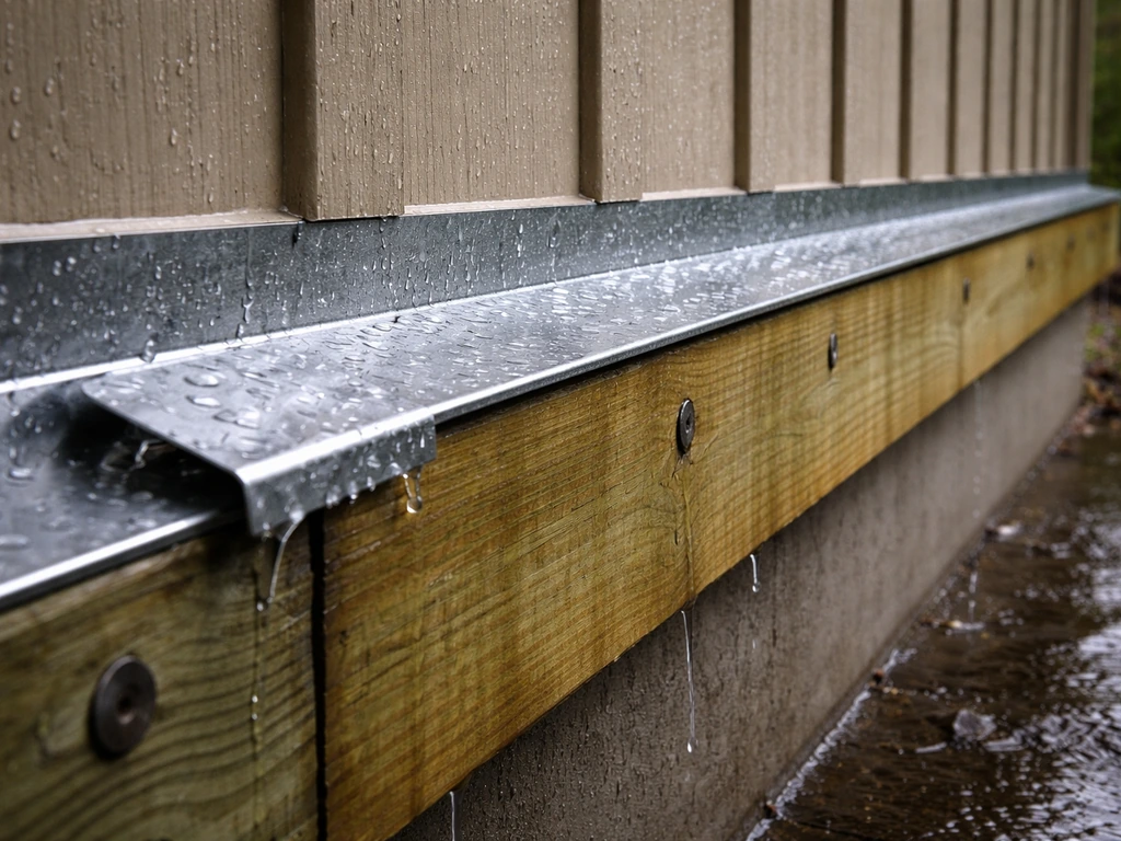 Close-up of a ledger connection with properly lapped flashing and water-shedding detail near rain-soaked siding