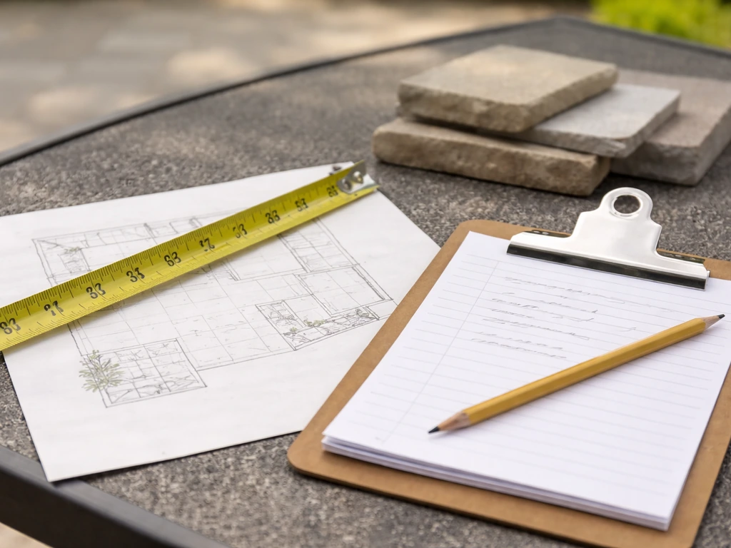 Measuring tape and clipboard on a patio table with non-legible notes for planning a backyard patio.
